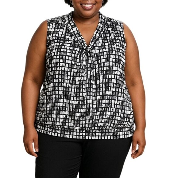 Dots Plus Size 2X Top Black White Patterned Tie Neck Sleeveless Banded Hem - Picture 1 of 10